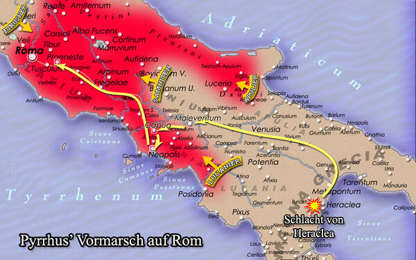 Karte mit Pyrrhus' Vormarsch auf Rom Pyrrhussiege