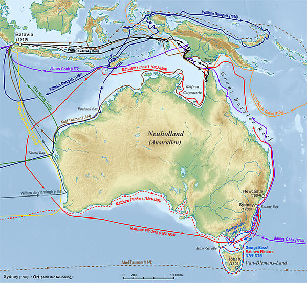 Routen europäischer Seefahrer bei der Entdeckung Australiens