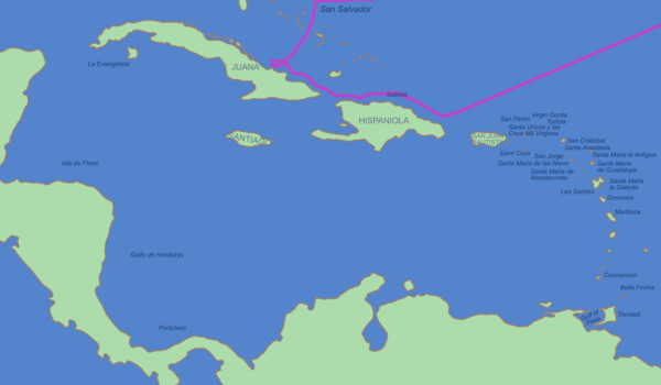 Kolumbus erste Reise Route von Kolumbus 1492/93 in den Westindischen Inseln