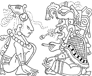 Darstellung aus dem Codex Dresdensis: der Maisgott und der Gott Itzamná