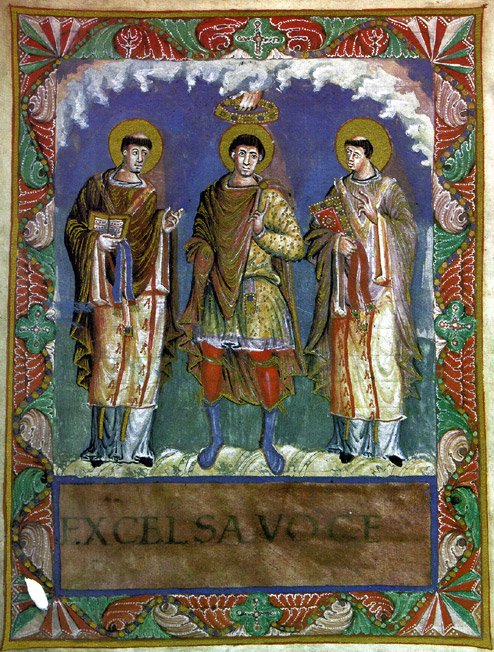 Karl der Große steht zwischen den Päpsten Gregor I und Gelasius I