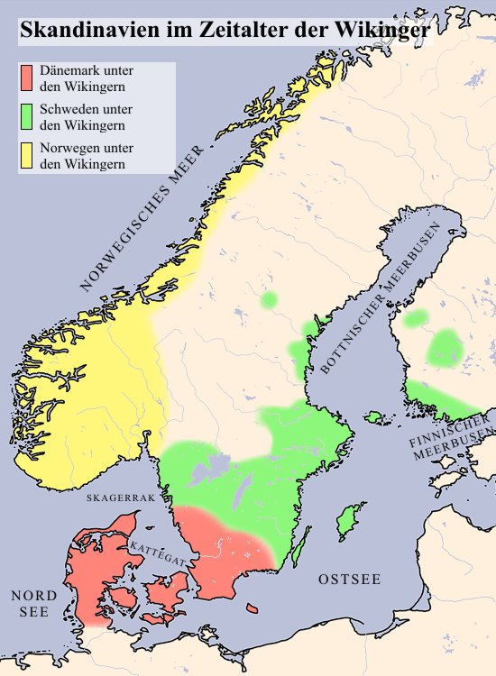 Karte Skandinaviens mit den Siedlungsgebieten der Wikinger