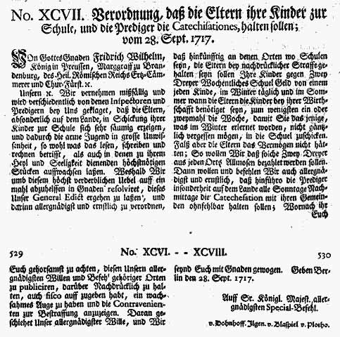 Verordnung zur allgemeinen Schulpflicht in Preußen aus dem Jahr 1717